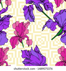 Vector Iris floral botanical flowers. Wild spring leaf wildflower isolated. Black and white engraved ink art. Seamless background pattern. Fabric wallpaper print texture.