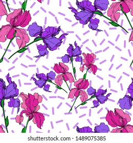 Vector Iris floral botanical flowers. Wild spring leaf wildflower isolated. Black and white engraved ink art. Seamless background pattern. Fabric wallpaper print texture.