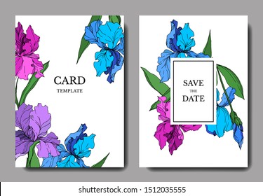 Vector Iris floral botanical flowers. Black and white engraved ink art. Wedding background card floral decorative border. Thank you, rsvp, invitation elegant card illustration graphic set banner.