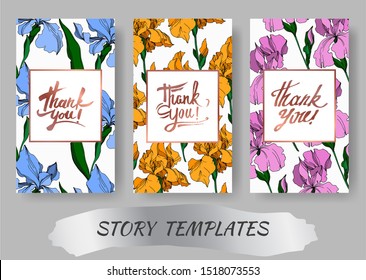 Vector Iris floral botanical flowers. Black and white engraved ink art. Wedding background card decorative border. Thank you, rsvp, invitation elegant card illustration graphic set banner.