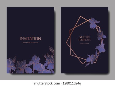Vector Iris flower. Engraved ink art. Wedding background border. Thank you, rsvp, invitation elegant card graphic set.