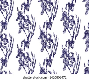 Vector Iris flowers seamless pattern. Hand drawn ink illustration. Wallpaper or fabric design vector illustration