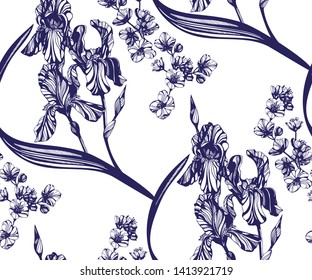 Vector Iris flowers seamless pattern. Hand drawn ink illustration. Wallpaper or fabric design vector illustration