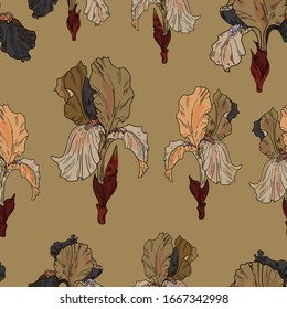 Vector iris pattern on beige background.Decorative irises.Can be used for printing, wallpaper, wrapping paper, textiles, clothing design, web design, linens, greetings, holidays and posters.Home decor
