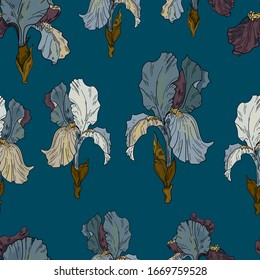 Vector iris pattern on blue background.Decorative irises.Can be used for printing, wallpaper, wrapping paper, textiles, clothing design, web design, linens, greetings, holidays and posters.Home decor.