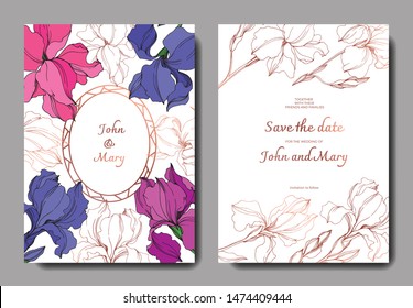 Vector Irises floral botanical flowers. Black and white engraved ink art. Wedding background card floral decorative border. Thank you, rsvp, invitation elegant card illustration graphic set banner.