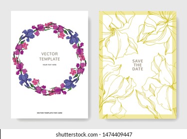 Vector Irises floral botanical flowers. Black and white engraved ink art. Wedding background card floral decorative border. Thank you, rsvp, invitation elegant card illustration graphic set banner.