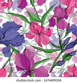 Vector Irises floral botanical flowers. Wild spring leaf wildflower isolated. Black and white engraved ink art. Seamless background pattern. Fabric wallpaper print texture.