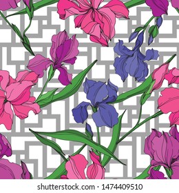 Vector Irises floral botanical flowers. Wild spring leaf wildflower isolated. Black and white engraved ink art. Seamless background pattern. Fabric wallpaper print texture.