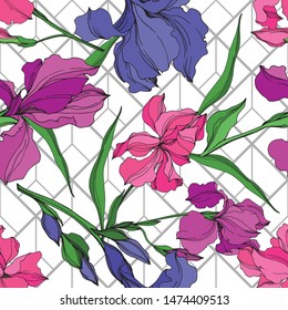 Vector Irises floral botanical flowers. Wild spring leaf wildflower isolated. Black and white engraved ink art. Seamless background pattern. Fabric wallpaper print texture.