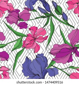 Vector Irises floral botanical flowers. Wild spring leaf wildflower isolated. Black and white engraved ink art. Seamless background pattern. Fabric wallpaper print texture.