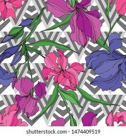 Vector Irises floral botanical flowers. Wild spring leaf wildflower isolated. Black and white engraved ink art. Seamless background pattern. Fabric wallpaper print texture.