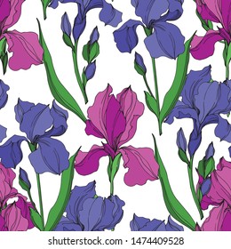 Vector Irises floral botanical flowers. Wild spring leaf wildflower isolated. Black and white engraved ink art. Seamless background pattern. Fabric wallpaper print texture.