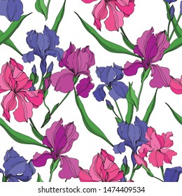 Vector Irises floral botanical flowers. Wild spring leaf wildflower isolated. Black and white engraved ink art. Seamless background pattern. Fabric wallpaper print texture.
