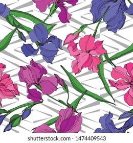 Vector Irises floral botanical flowers. Wild spring leaf wildflower isolated. Black and white engraved ink art. Seamless background pattern. Fabric wallpaper print texture.