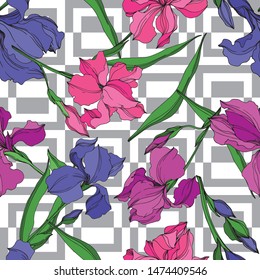 Vector Irises floral botanical flowers. Wild spring leaf wildflower isolated. Black and white engraved ink art. Seamless background pattern. Fabric wallpaper print texture.