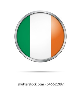 Vector Irish flag Button. Ireland flag glass button style with metal frame.