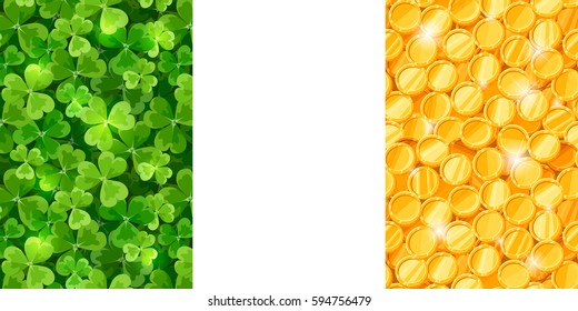 Vector Irish flag made of green shamrock and gold coins.