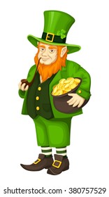 Vector Irish leprechaun in green suit with a pot of gold and a pipe isolated on a white background.