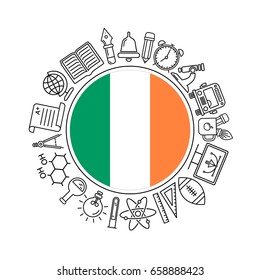 Vector Irish school background, with black linear icons on white. Education of Ireland pattern with modern line style icons and Irish flag.