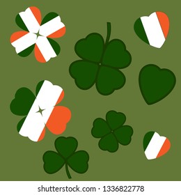 Vector Irish symbols set - shamrock and clover, colored in a colors of Irish flag (green, white, orange). And heart. Collection for Saint Patrick day.