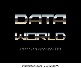 Vector Iron icon Data World. Techno Metallic Font. Silver Digital Alphabet Letters and Numbers set