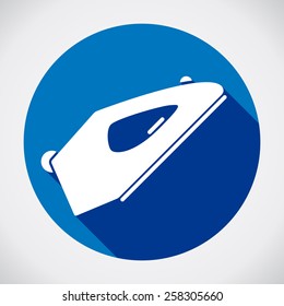 Vector iron icon. White iron isolated illustration on blue background with long shadow.