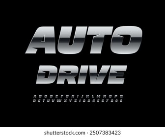 Vector iron logo Auto Drive. Unique cool Font. modern Metallic Alphabet Letters and Numbers set. 