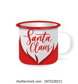 Vector iron mug, mock up for cup design. Santa Claus - hand lettering inscription with beard.