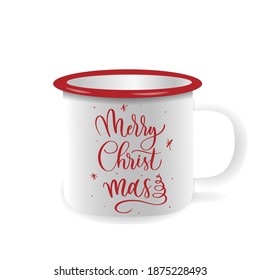 Vector iron mug, mock up for cupdesign. Merry Christmas - hand lettering inscription.