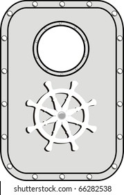 Vector Iron ship door with window and lock wheel isolated on white background