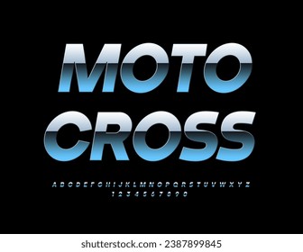 Vector iron sign Moto Cross. Modern Silver Alphabet Letters and Numbers. Glossy trendy Font.