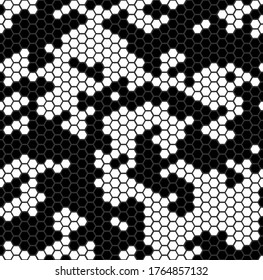 Vector irregular abstraction geometric seamless pattern with hexagonal shapes. Black and white contrast hex chains abstract background.