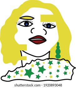 Vektorgrafik, unregelmäßiges Gesicht der blonden Frau, Lächeln mit sinnlichen und roten Lippen.