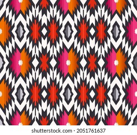 Fondo de la costura geométrica irregular del vector. Diseño de patrones de color rojo-púrpura único y abstracto de la tribu azteca étnica. Para tela, textil, elementos de decoración interior, tapicería, envoltura. 