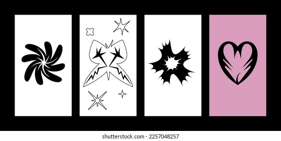 Vector iset of design templates backgrounds with Y2k icons- brutalist design tattoo. Frames and prints for social media stories