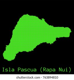 Vector Isla Pascua (Rapa Nui) map dotted silhouette with green dots on a black background (as on old ancient computers running DOS)