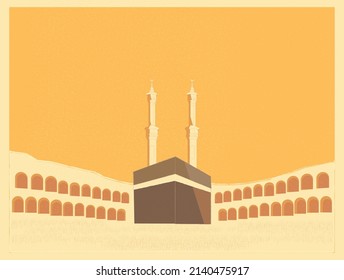 Vector Islam landscape of kaaba mecca madina Saudi Arabia. a building at the center of Islam's most important mosque, the Masjid al-Haram in Mecca, Saudi Arabia. It is the most sacred site in Islam. 