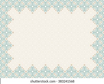 Vector Islam Pattern Border Frame. Seamless Pattern Arabic Ornament. Vintage Oriental Elements Design In Victorian Style. Ornamental Luxury Background. Ornate Floral Decor Wallpaper. Seamless Texture