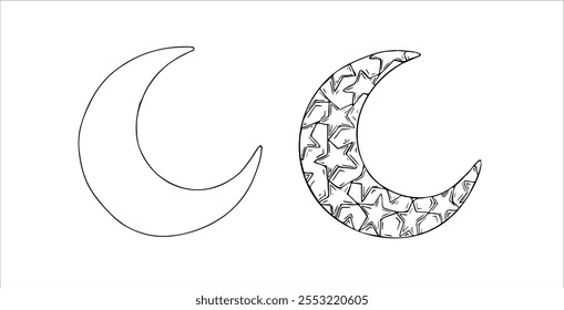 Vector Islamic arabian crescent moon set. Graphic illustration mosque, tower isolated on white background. Muslim hand drawn line sketch, holiday Ramadan Kareem or Eid Al Adha 2025. For designers