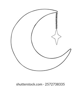 Vetor Lua crescente árabe islâmico com estrela na corrente. Ilustração gráfica isolada no plano de fundo. Esboço de linha desenhada à mão muçulmana, feriado Ramadan Kareem ou Eid Al Adha 2025. Para designers, imprime