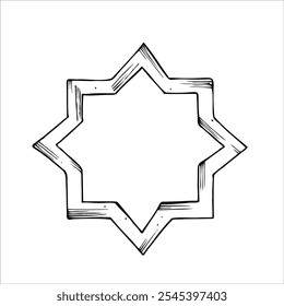Vector Estrella de la media luna árabe islámica. Ilustración gráfica aislada sobre fondo blanco. Boceto de línea dibujado a mano musulmán, día festivo Ramadan Kareem o Eid Al Adha 2025. Para diseñadores, impresiones, postales