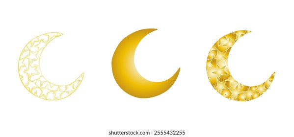 Vector Conjunto de luna creciente de oro árabe islámico. Mezquita de ilustración gráfica, torre aislada sobre fondo blanco. Boceto de línea dibujado a mano musulmán, día festivo Ramadan Kareem o Eid Al Adha 2025. Para diseñadores