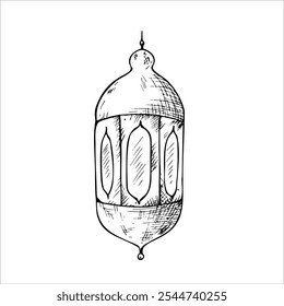 Vector Islamic arabian lantern. Graphic illustration isolated on white background. Muslim hand drawn line sketch, holiday Ramadan Kareem or Eid Al Adha 2025. For designers, prints, postcards, wrapping