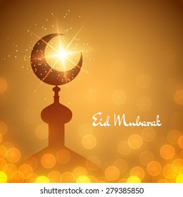 Vector islamic background with mosque and lettering Eid Mubarak. Illustration with lights and bokeh
