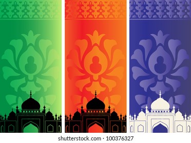 Vector of islamic banners with mosque silhouette and ornaments