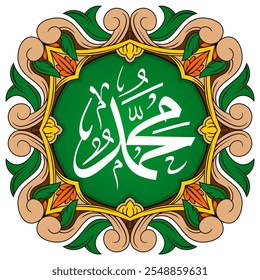 Vetor Caligrafia Islâmica Muhammad (Que Alá Tenha Misericórdia e Segurança sobre Ele) com Quadro Ornamental Elegante - Arte Árabe Premium para Decoração de Parede, Eventos Islâmicos, e Mais