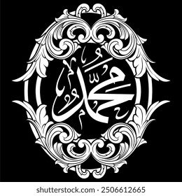 Vector islamic calligraphy muhammad means "may Allah have mercy and safety on him" decorated with ornaments on an isolated background