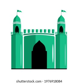 vector islamic fortress two towers with flag emblazoned with moon and stars on white background