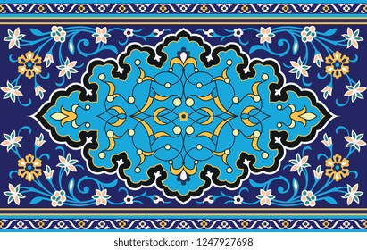 Vector Islamic frame for holiday cards. Color majolica with space for text. Ornament in Eastern, Iranian, Arabic and Bukhara style.